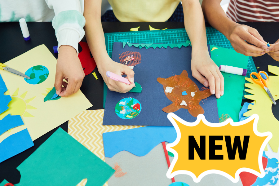 Childrens' hands make nature art with paper and recycled materials. The image includes a callout that says, "NEW," to indicating that it's a new program.